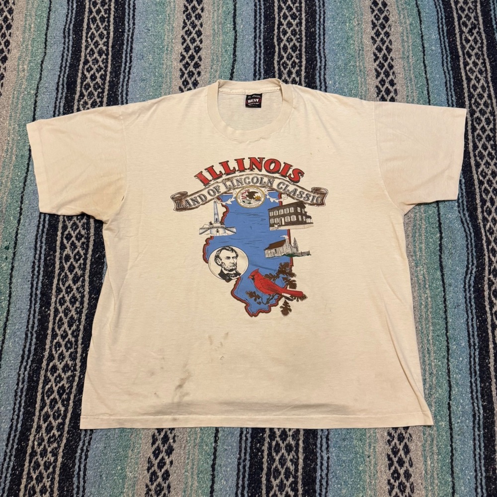 Vintage Fruit of the Loom Illinois Land of Lincoln Classic T-Shirt XL Cream 90s
